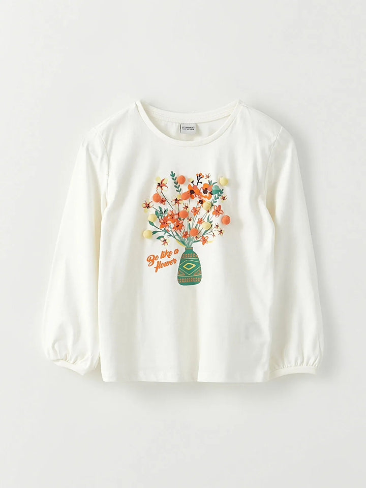 Crew Neck Printed Long Sleeve Cotton Girls T-Shirt