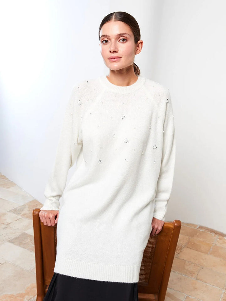 Crew Neck Stone Embroidered Long Sleeve Women Knitwear Tunic