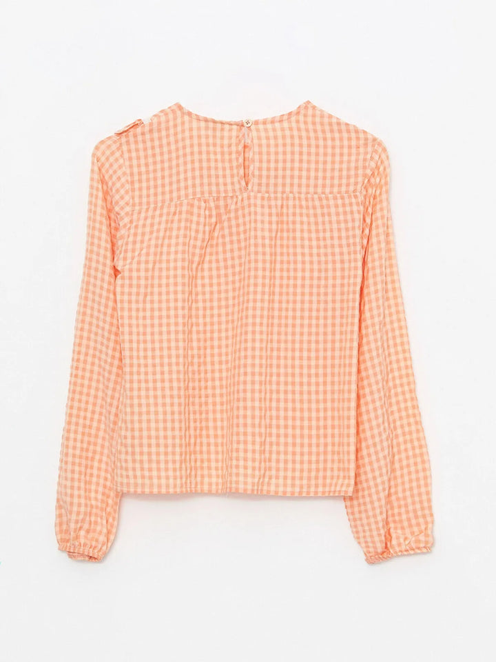 Crew Neck Plaid Long Sleeve Girls Blouse