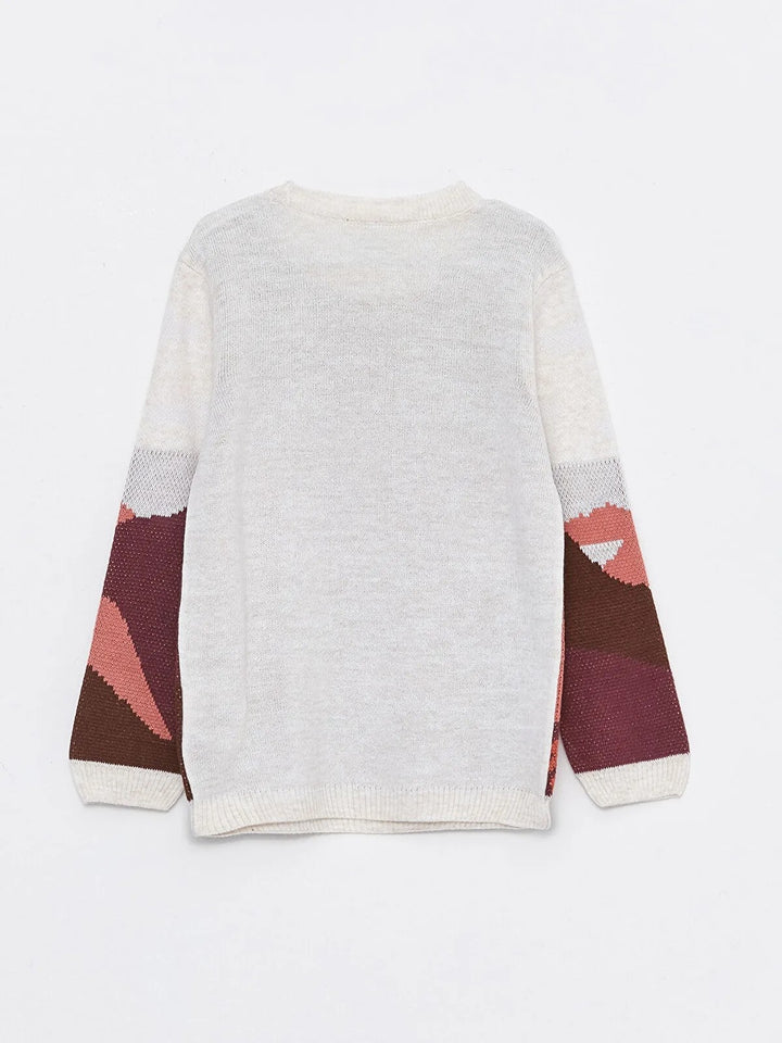 Crew Neck Patterned Long Sleeve Girls Knitwear Sweater