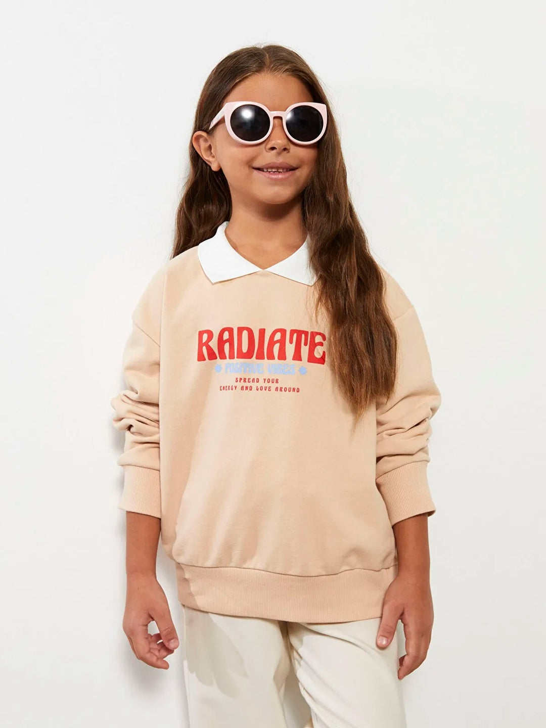 Polo Neck Printed Long Sleeve Girls Sweatshirt