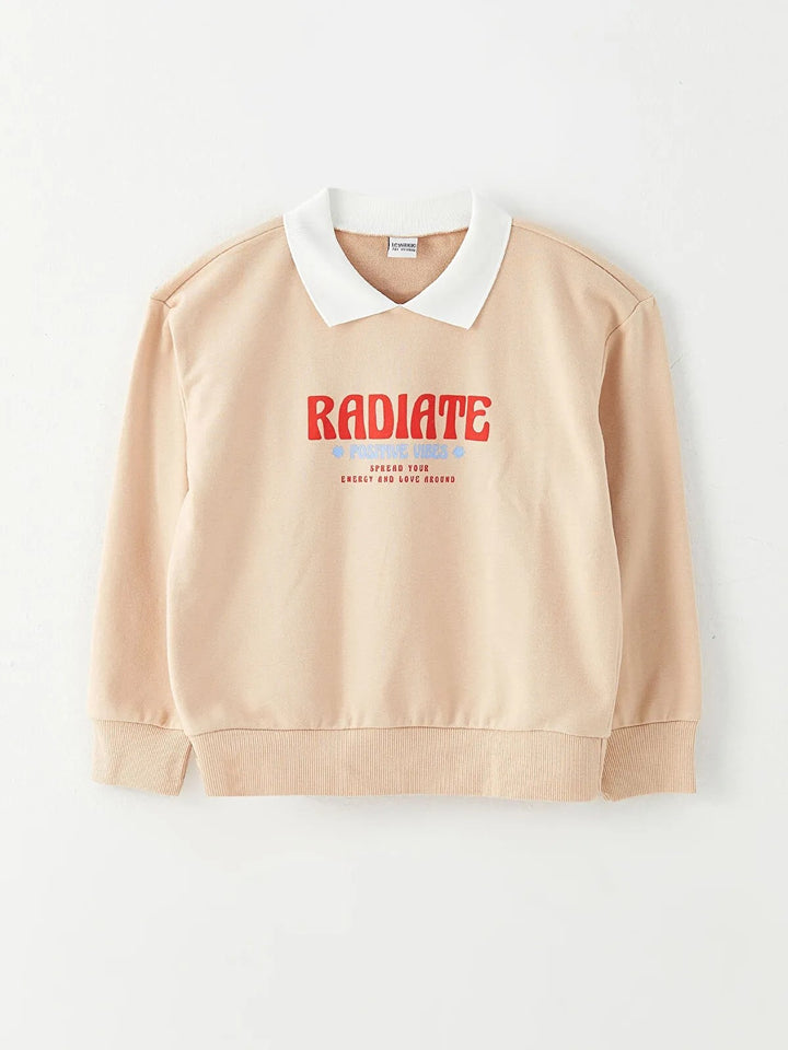 Polo Neck Printed Long Sleeve Girls Sweatshirt