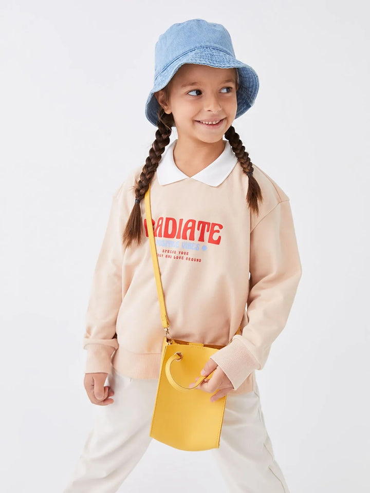 Polo Neck Printed Long Sleeve Girls Sweatshirt