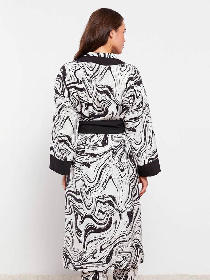 Shawl Collar Patterned Long Sleeve Women Dressing Gown