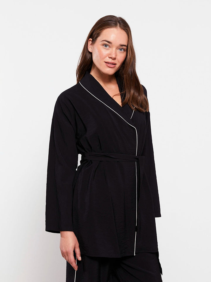 Double Breasted Collar Straight Long Sleeve Women Dressing Gown