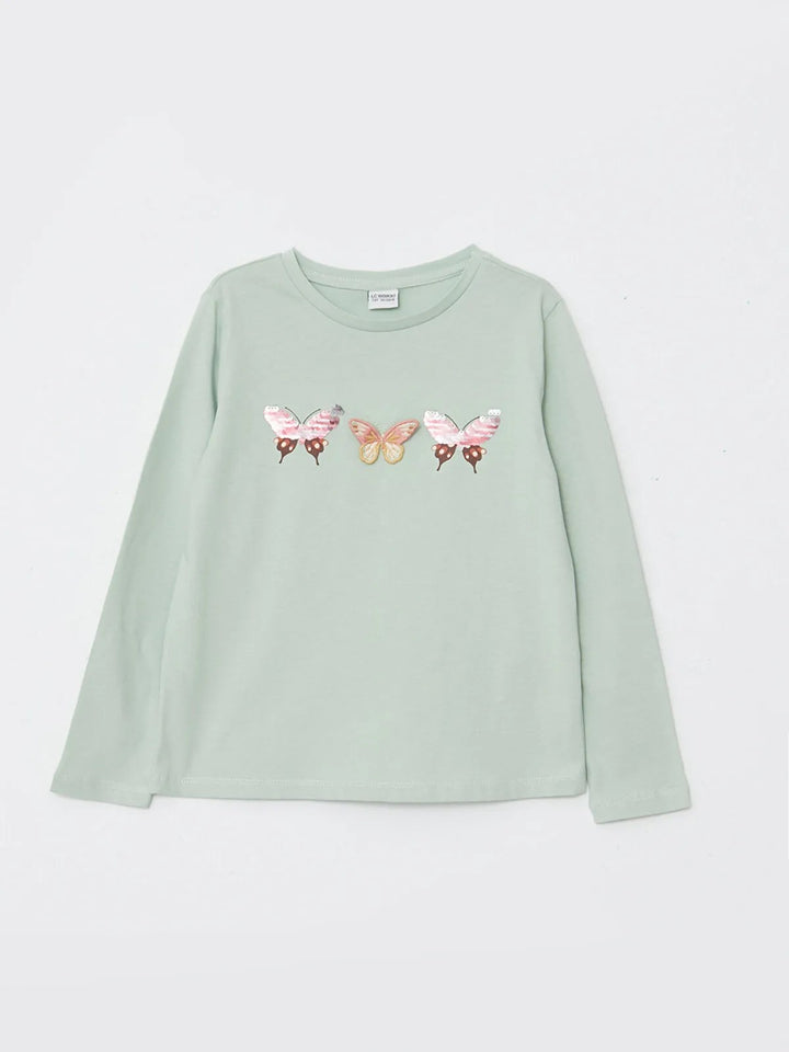 Crew Neck Embroidered Long Sleeve Girls T-Shirt