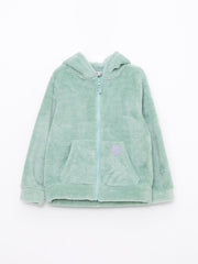 Hooded Basic Long Sleeve Plush Girls Zippered Sweatshirt