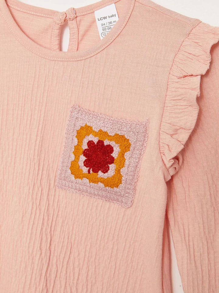 Crew Neck Long Sleeve Embroidery Detailed Baby Girls T-Shirt