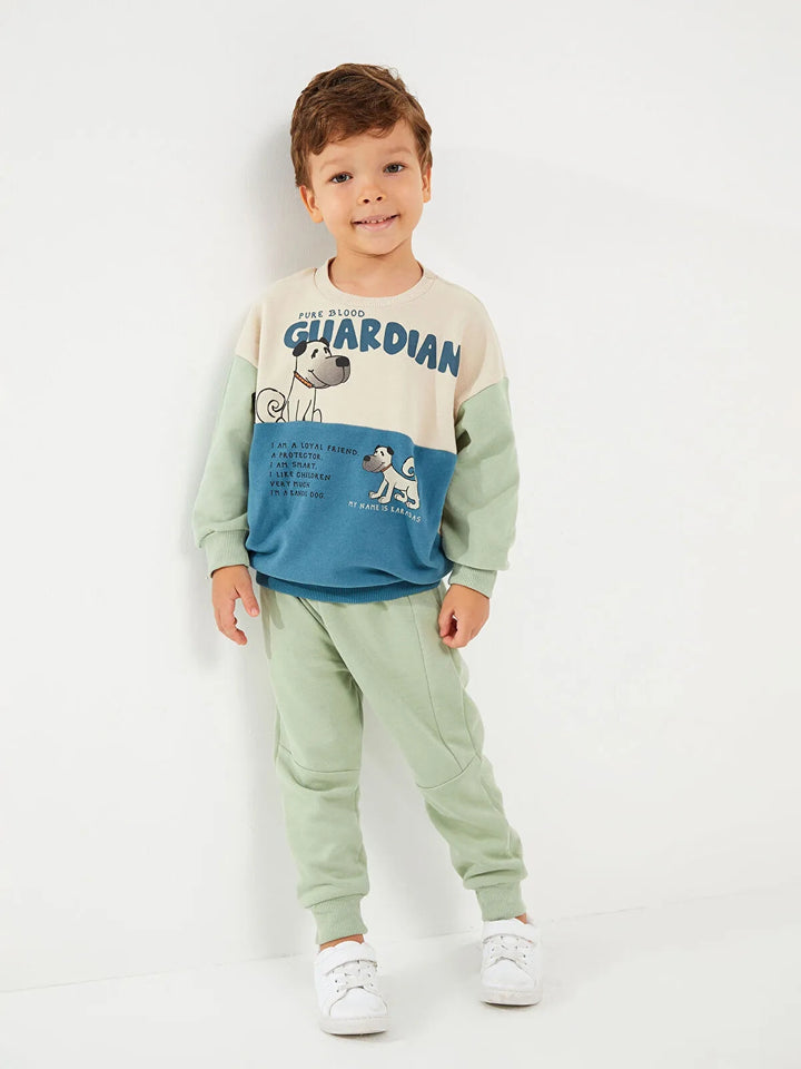 Crew Neck Long Sleeve Printed Organic Cotton Baby Boy Sweasthirt And Tracksuit Bottom 2-Pack Set